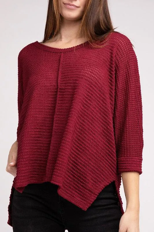 3/4 Sleeve V-Neck Hi-Low Hem Jacquard Sweater