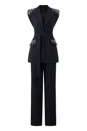 ALIVIA BLACK TEXTURE SLEEVELESS BLAZER AND PANTS SET