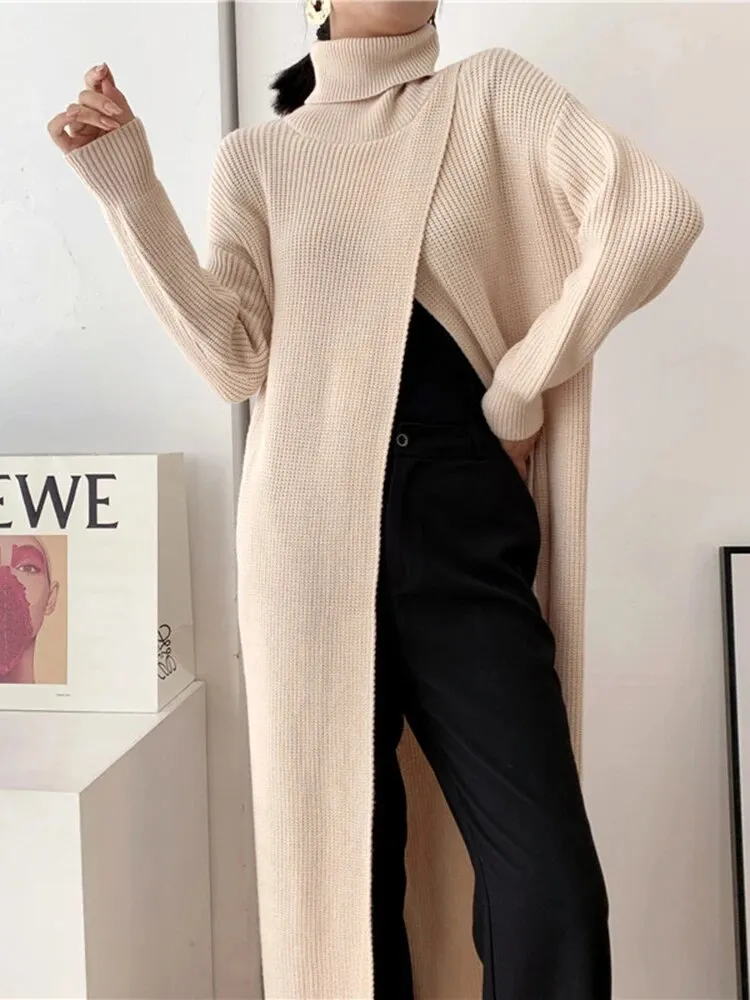 Asymmetrical Hem Sweater For Women Turtleneck Long Sleeve Irregular Loose Solid Knitting Sweaters Female Clothing