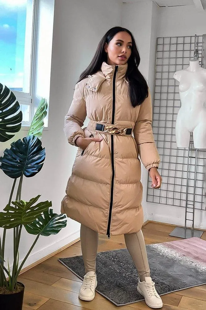 Beige Chain Detail Elastic Belt Puffer Jacket