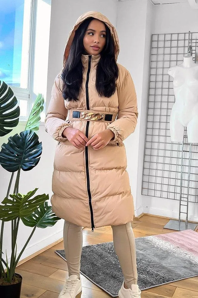 Beige Chain Detail Elastic Belt Puffer Jacket