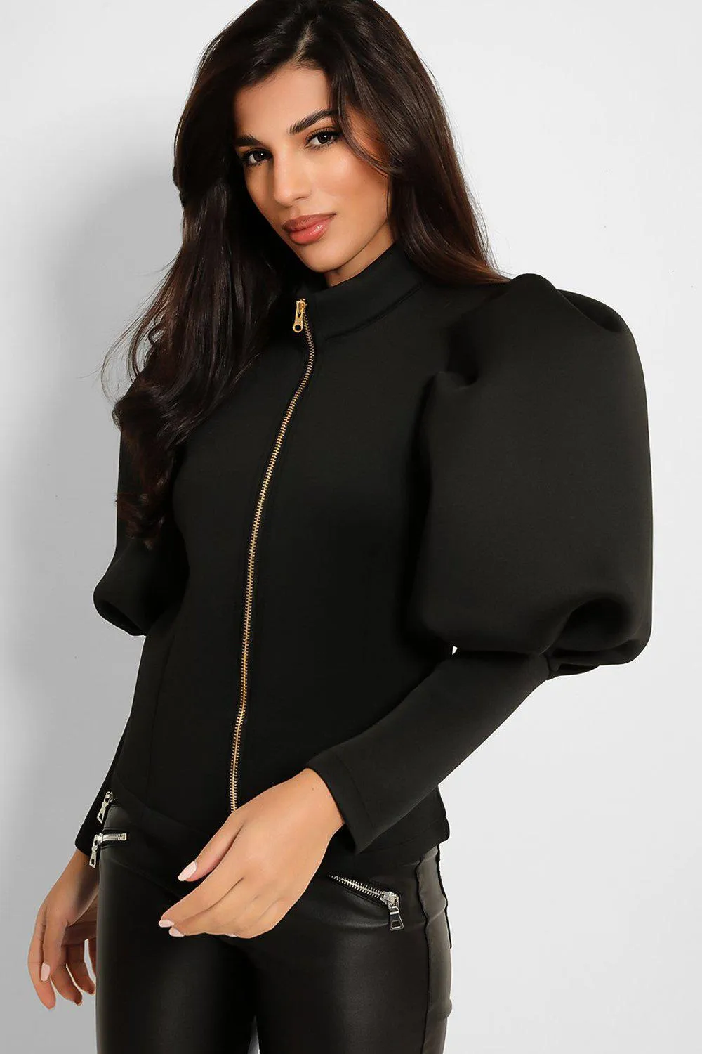 Black Scuba Puff Shoulder Zip Jacket