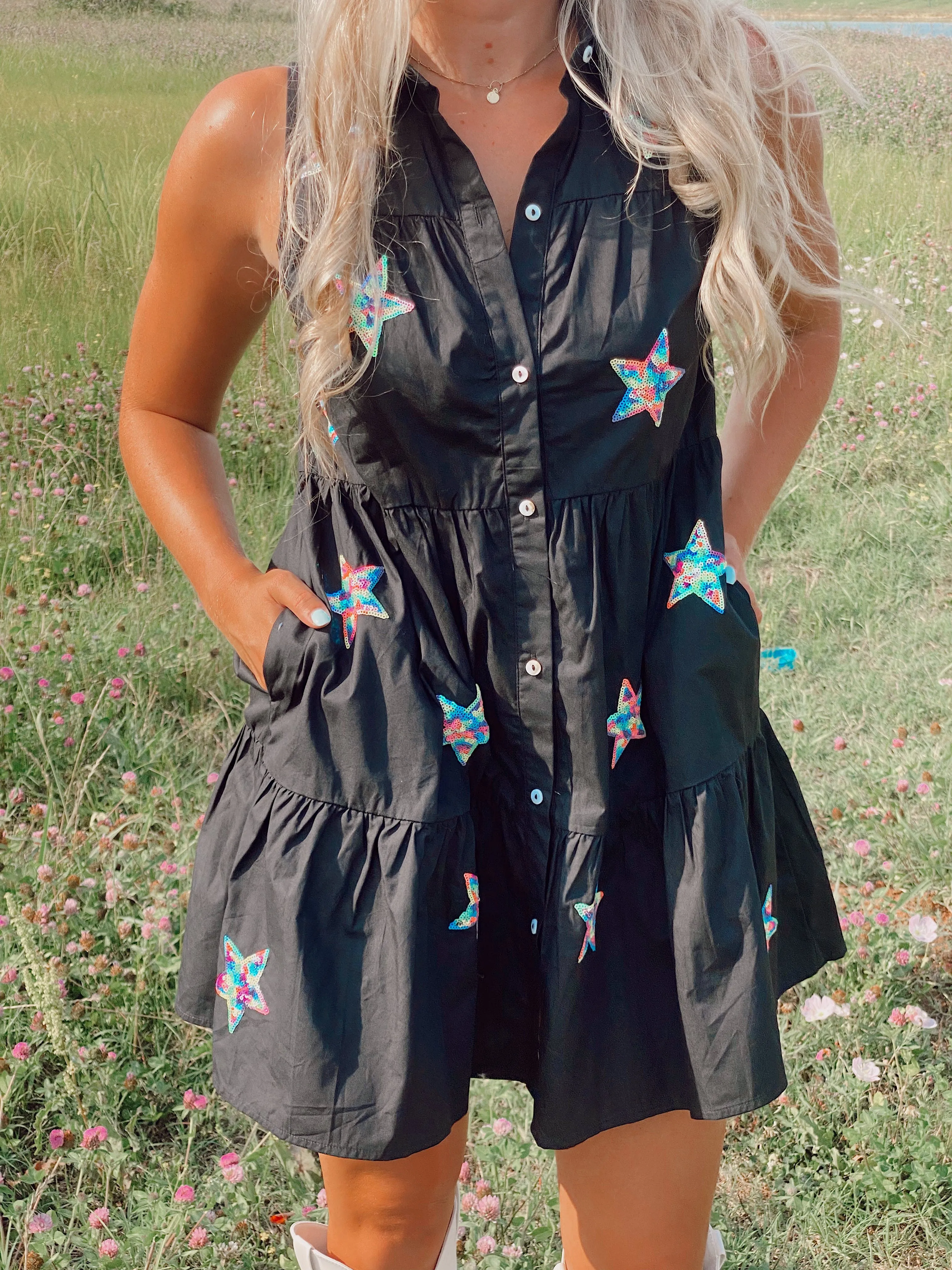 Black Sequin Star Patch Dress