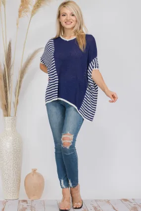 Blue Striped Pullover Poncho Style Sweater