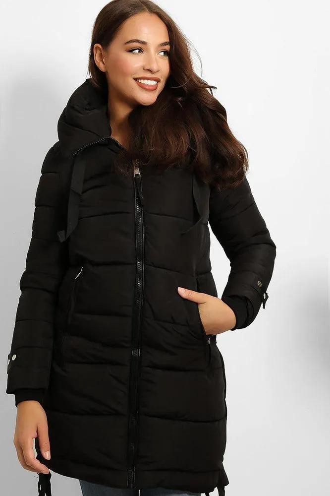 Contrast Black Details Hooded Midi Puffer Jacket