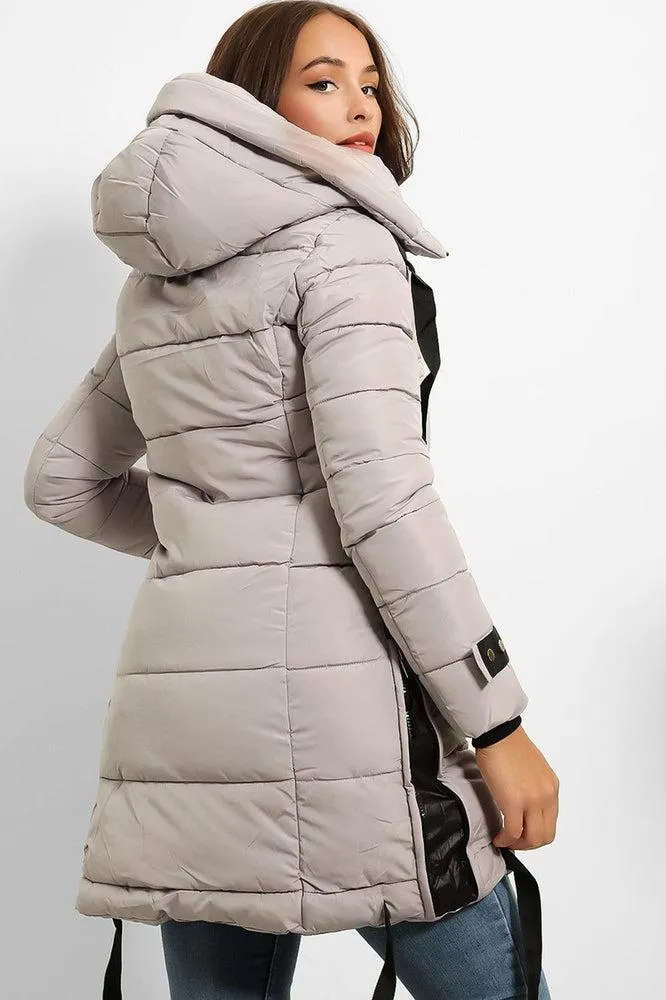 Contrast Black Details Hooded Midi Puffer Jacket