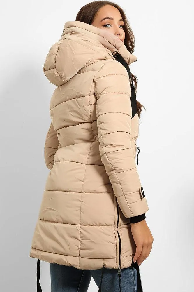 Contrast Black Details Hooded Midi Puffer Jacket