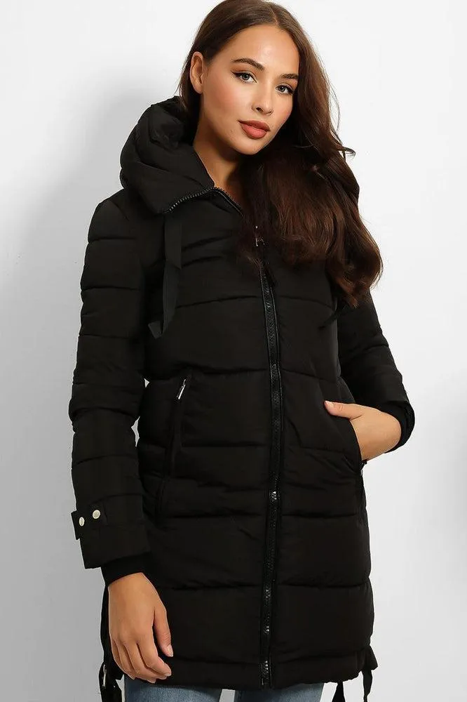 Contrast Black Details Hooded Midi Puffer Jacket