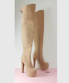 Cream Beige Suede Knee High Boots