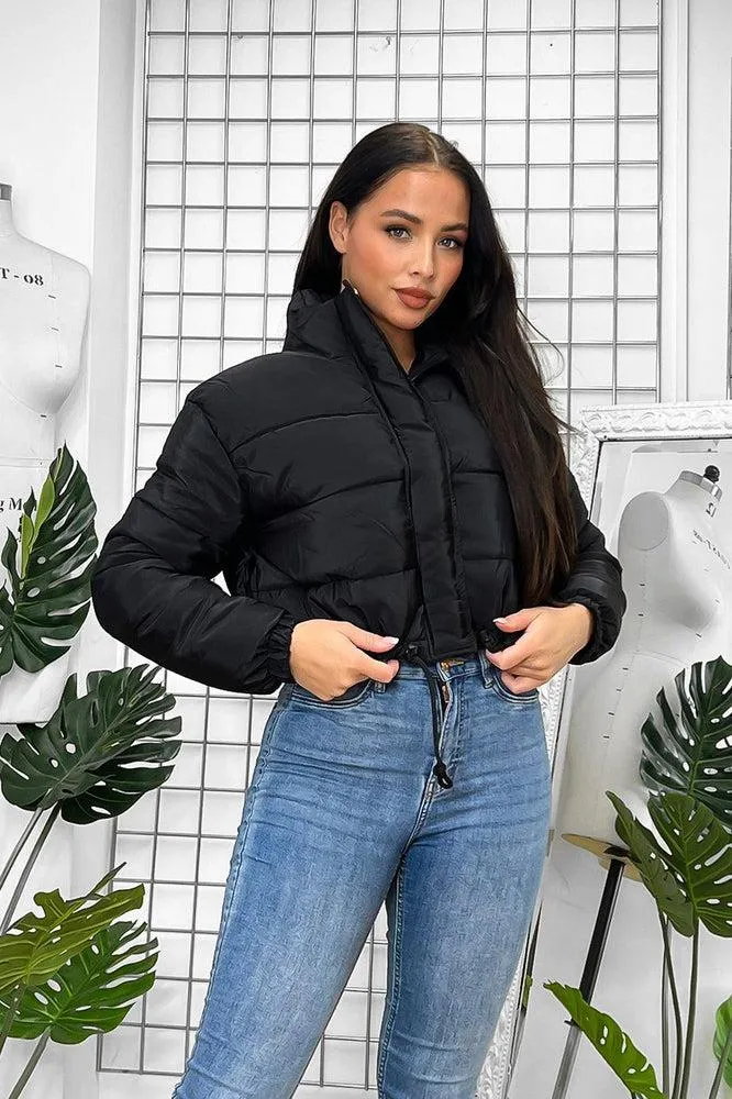 Drawstring Hem High Neck Cropped Puffer Jacket