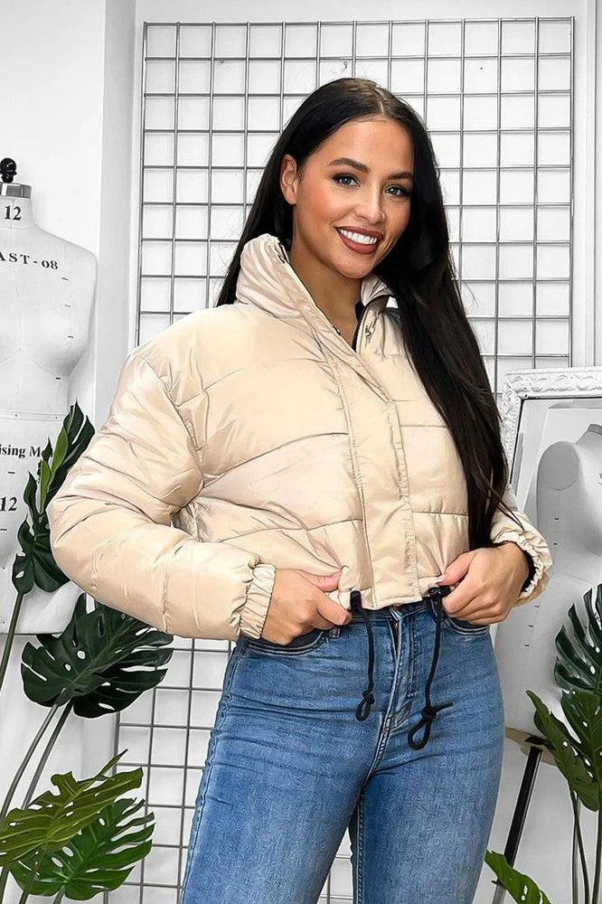 Drawstring Hem High Neck Cropped Puffer Jacket