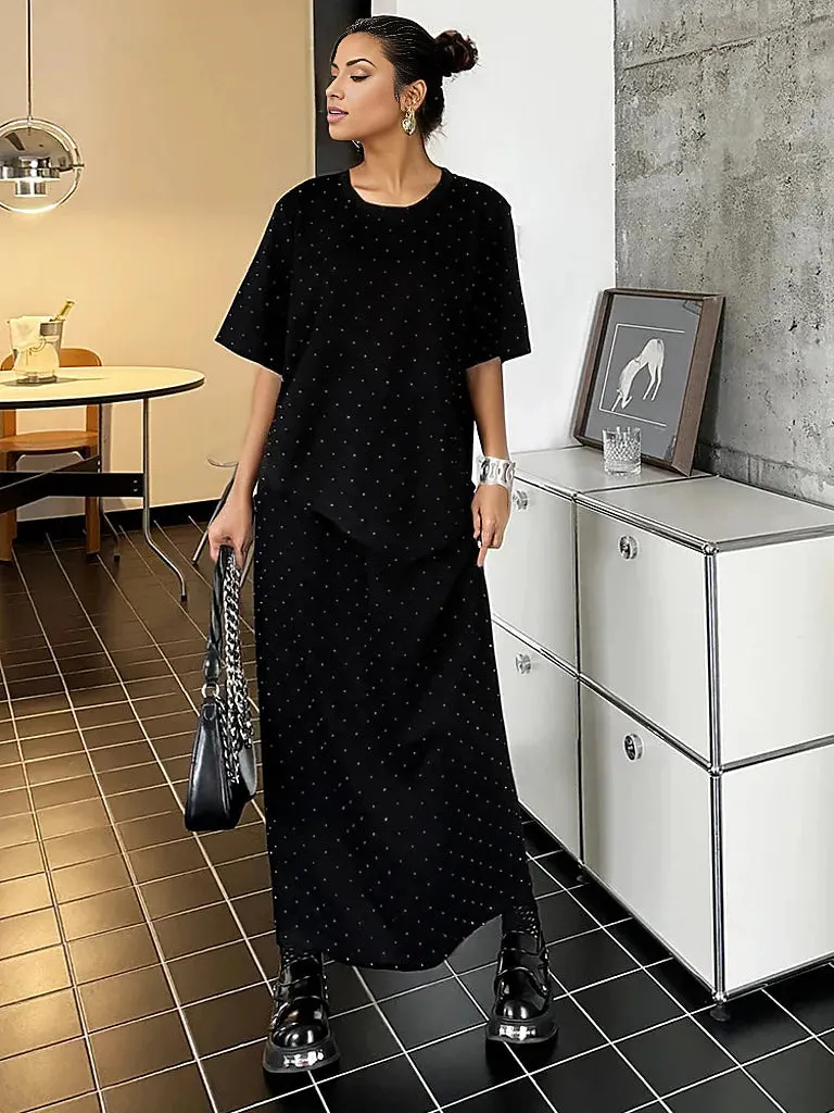 Elegant Rhinestone Embellished Two-Piece Black Skirt Suit