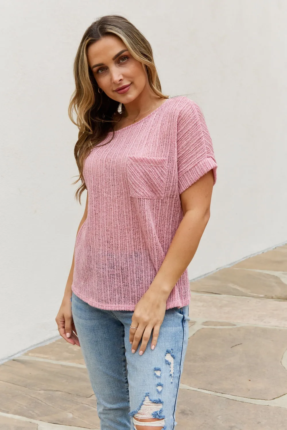 e.Luna Full Size Chunky Knit Short Sleeve Top in Mauve