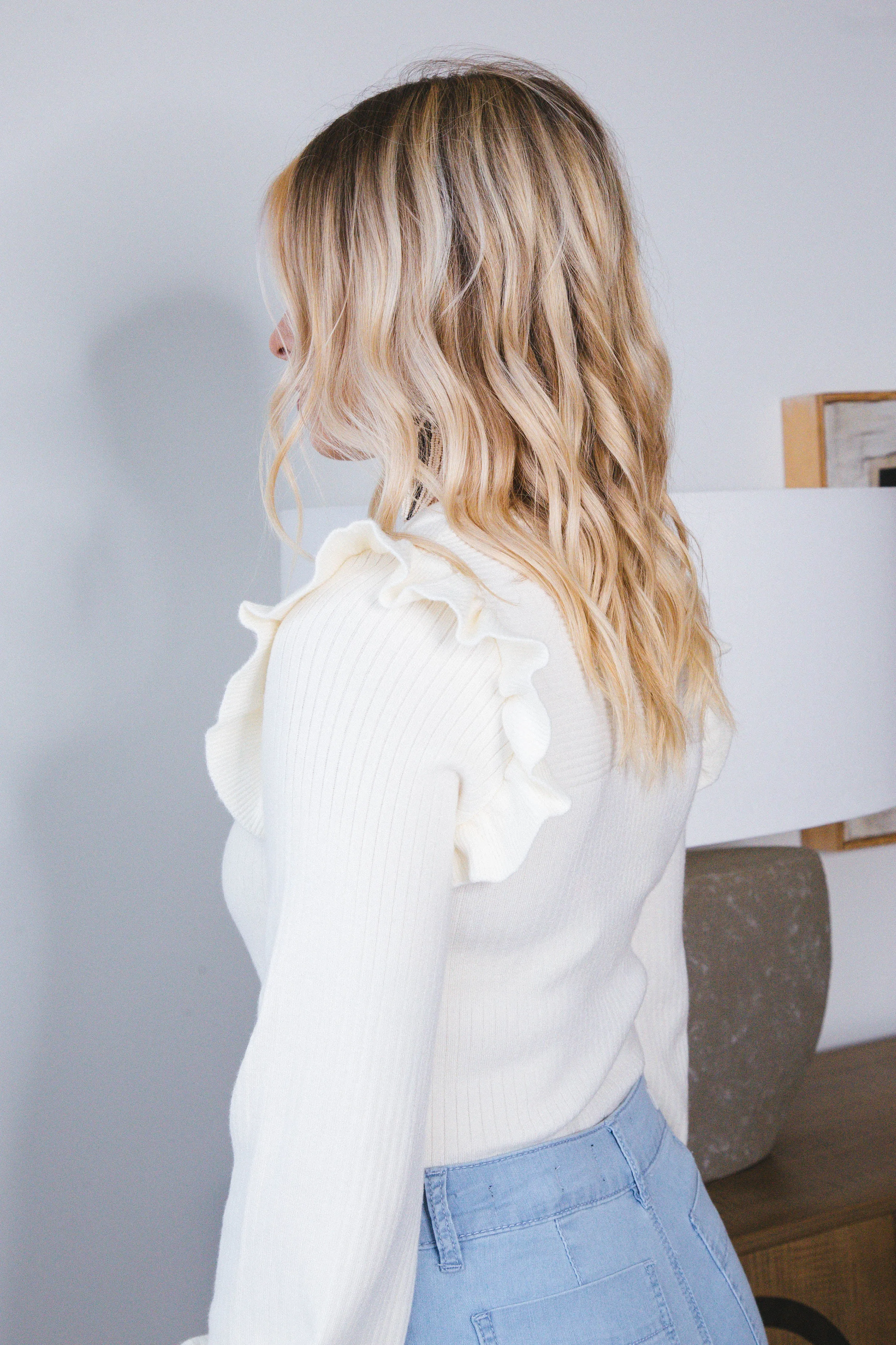 Emberly Shoulder Ruffle Sweater, Ivory