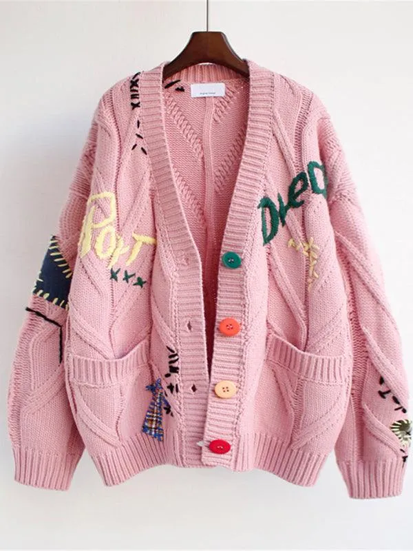 Embroidered Loose Cropped Cardigan Sweater