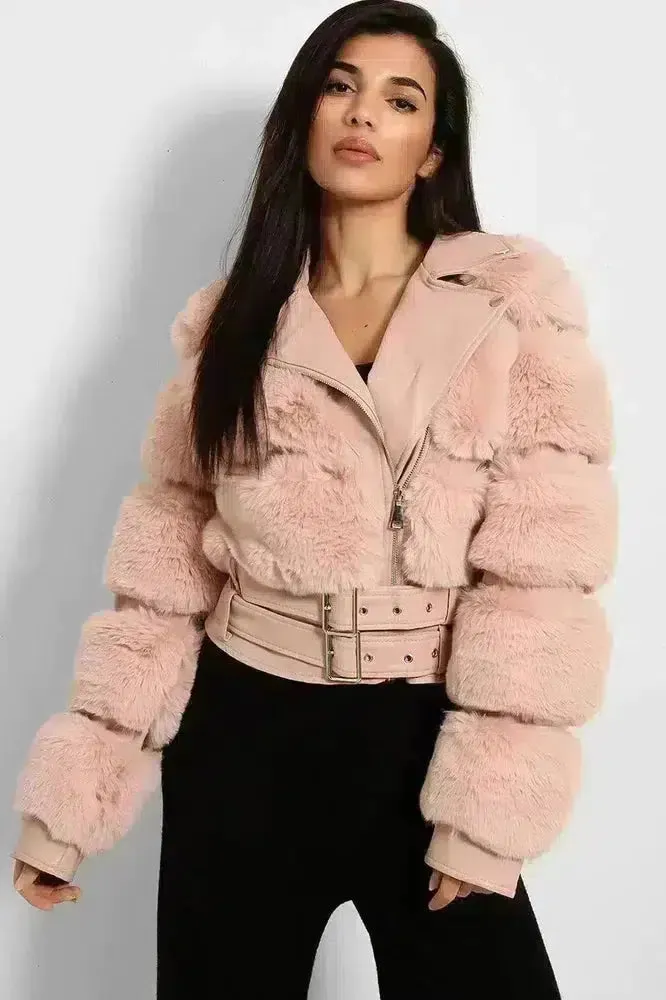 Faux Fur And Vegan Leather Double Belt Biker Jacket