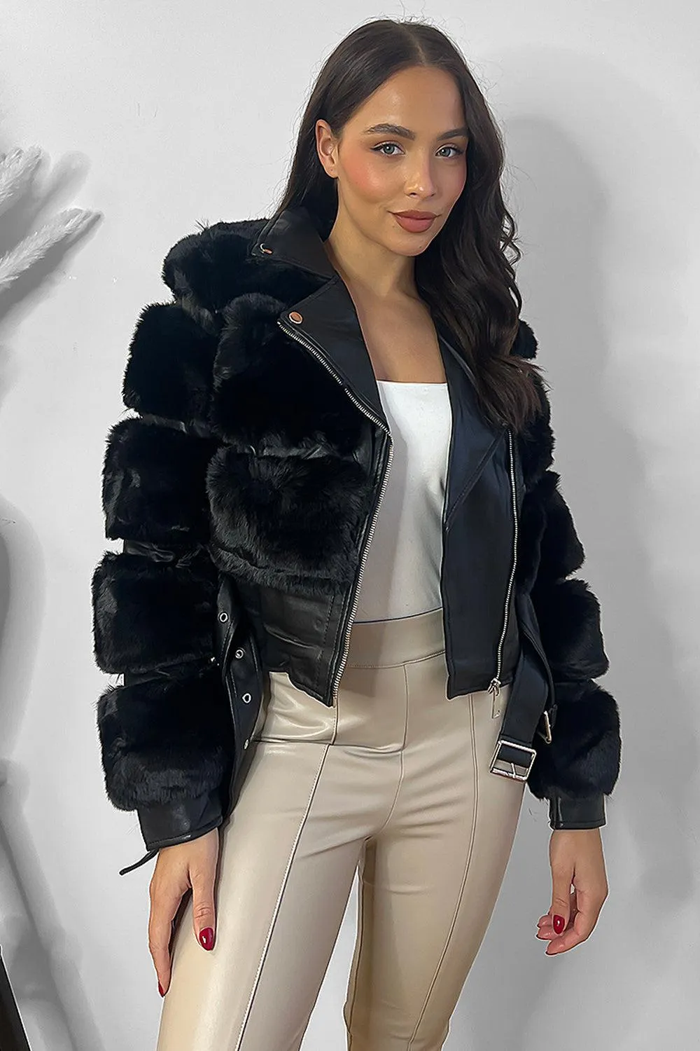 Faux Fur And Vegan Leather Double Belt Biker Jacket