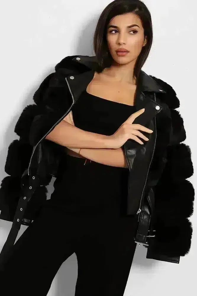 Faux Fur And Vegan Leather Double Belt Biker Jacket