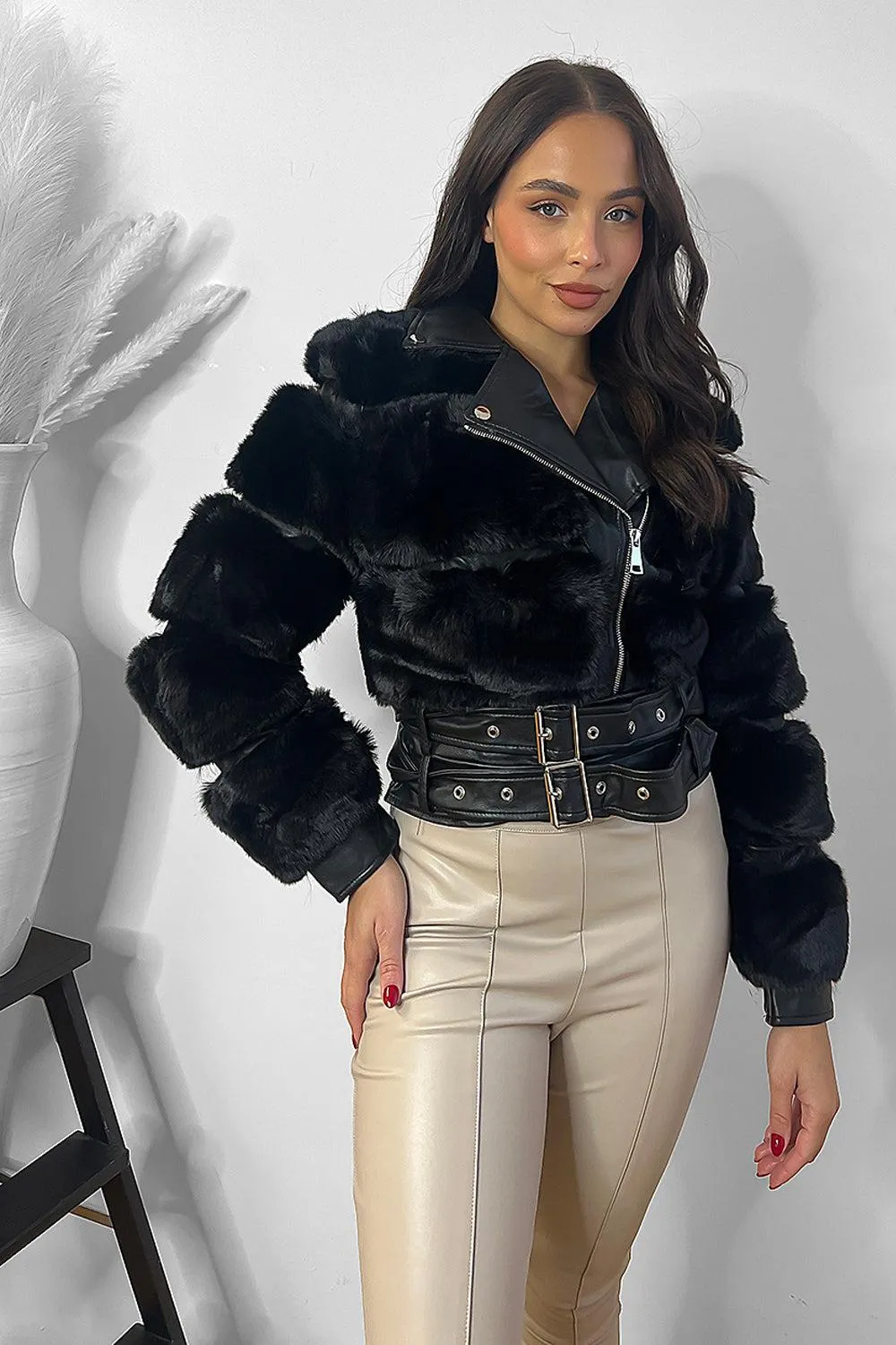 Faux Fur And Vegan Leather Double Belt Biker Jacket