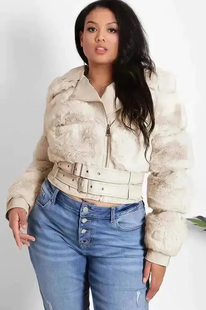 Faux Fur And Vegan Leather Double Belt Biker Jacket