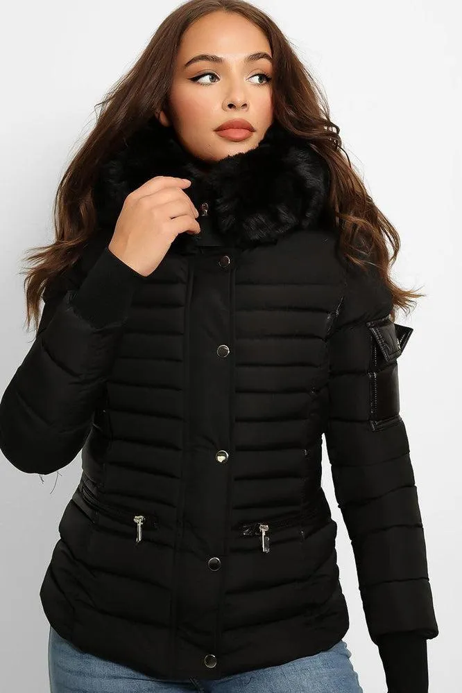 Faux Fur Trim Hood Zip Pockets Parka Jacket