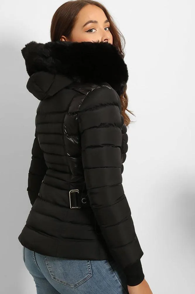 Faux Fur Trim Hood Zip Pockets Parka Jacket