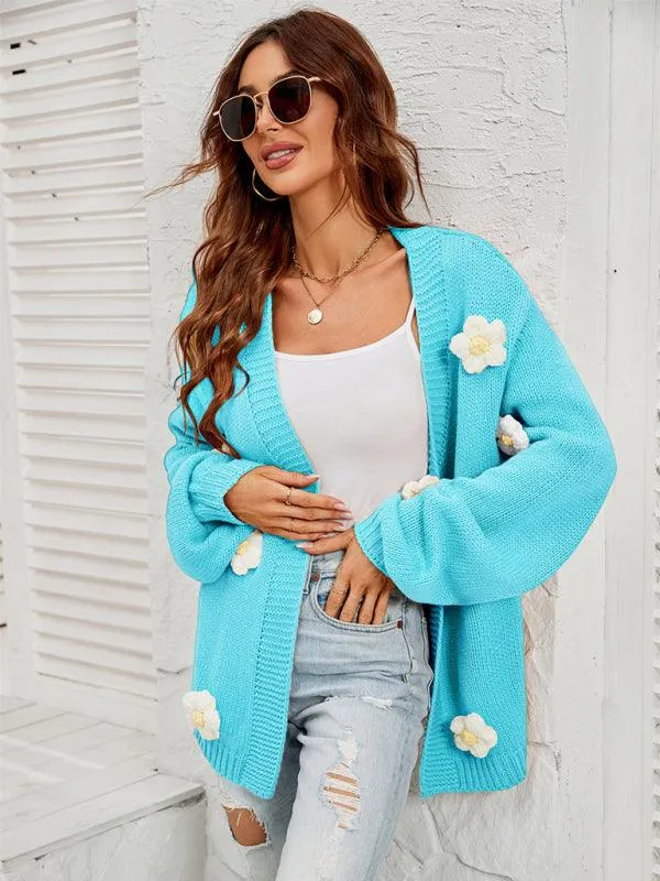 Floral Lantern Sleeves Cardigan Sweater