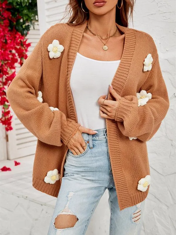 Floral Lantern Sleeves Cardigan Sweater