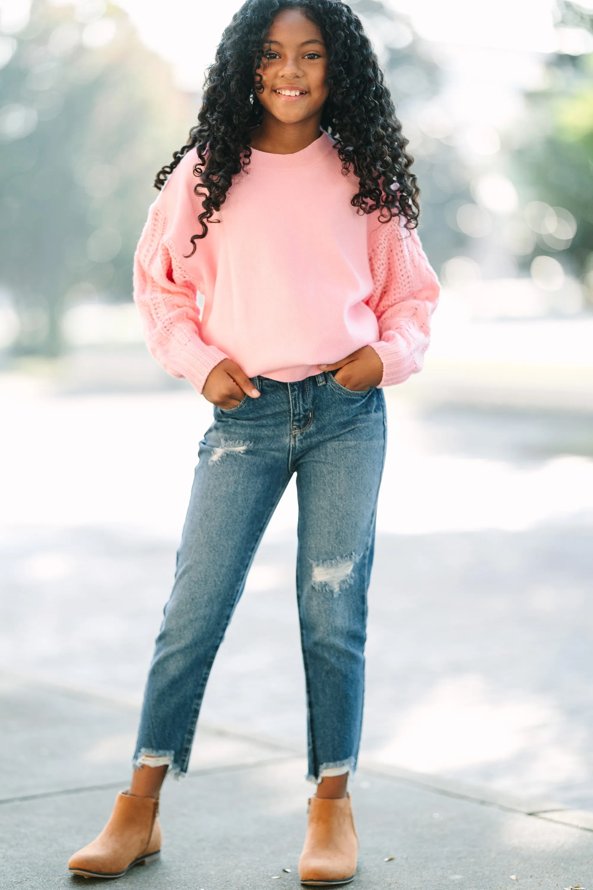 Girls: Just Too Sweet Pink Cable Sleeve Sweater