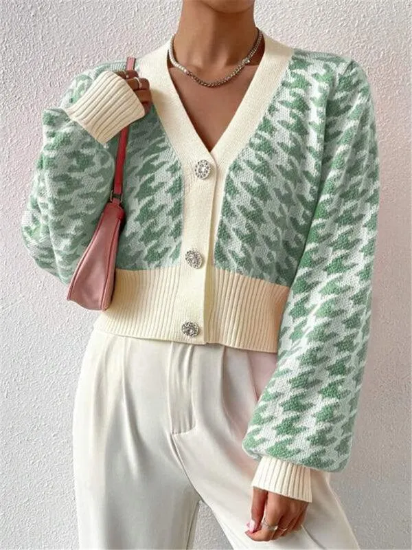 Houndstooth Lantern Sleeve Cardigan Sweater