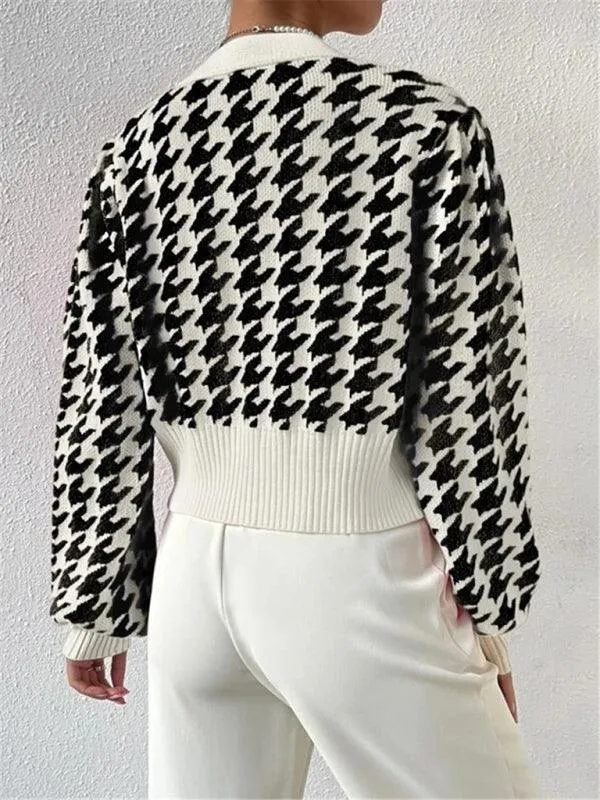 Houndstooth Lantern Sleeve Cardigan Sweater