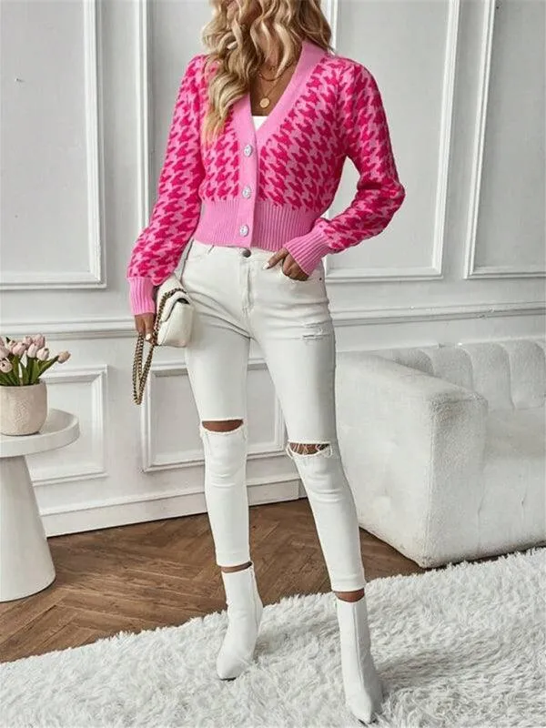 Houndstooth Lantern Sleeve Cardigan Sweater