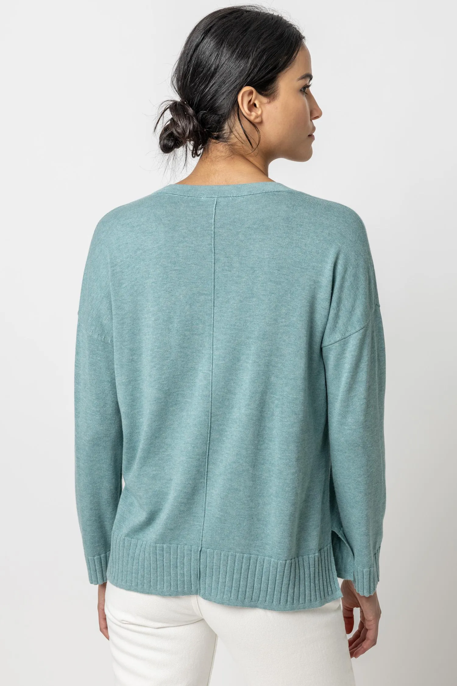 Lilla P Easy Back Seam V-Neck Sweater - Sea Blue