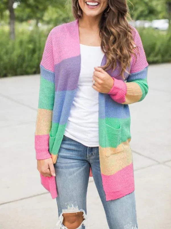 Loose Contrasting Striped Knit Cardigan Sweater