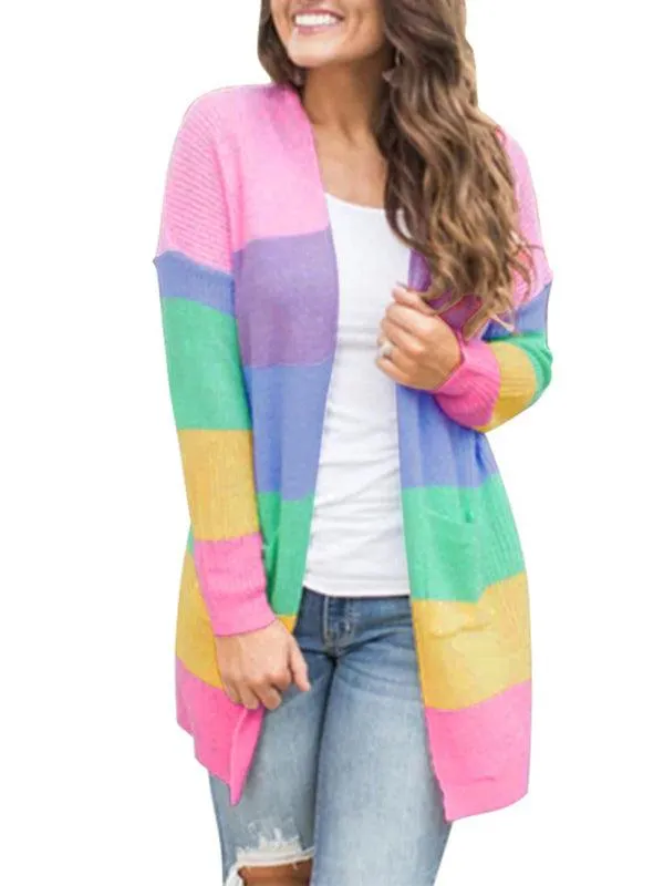 Loose Contrasting Striped Knit Cardigan Sweater