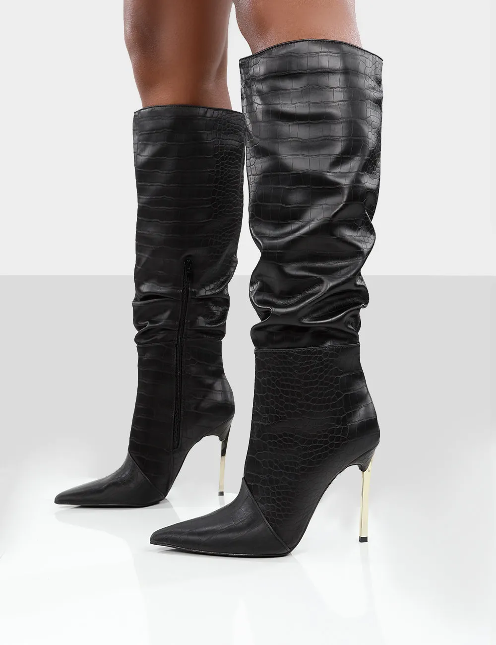 Monica Black Croc Ecru PU Pointed Toe Stiletto Knee High Boots