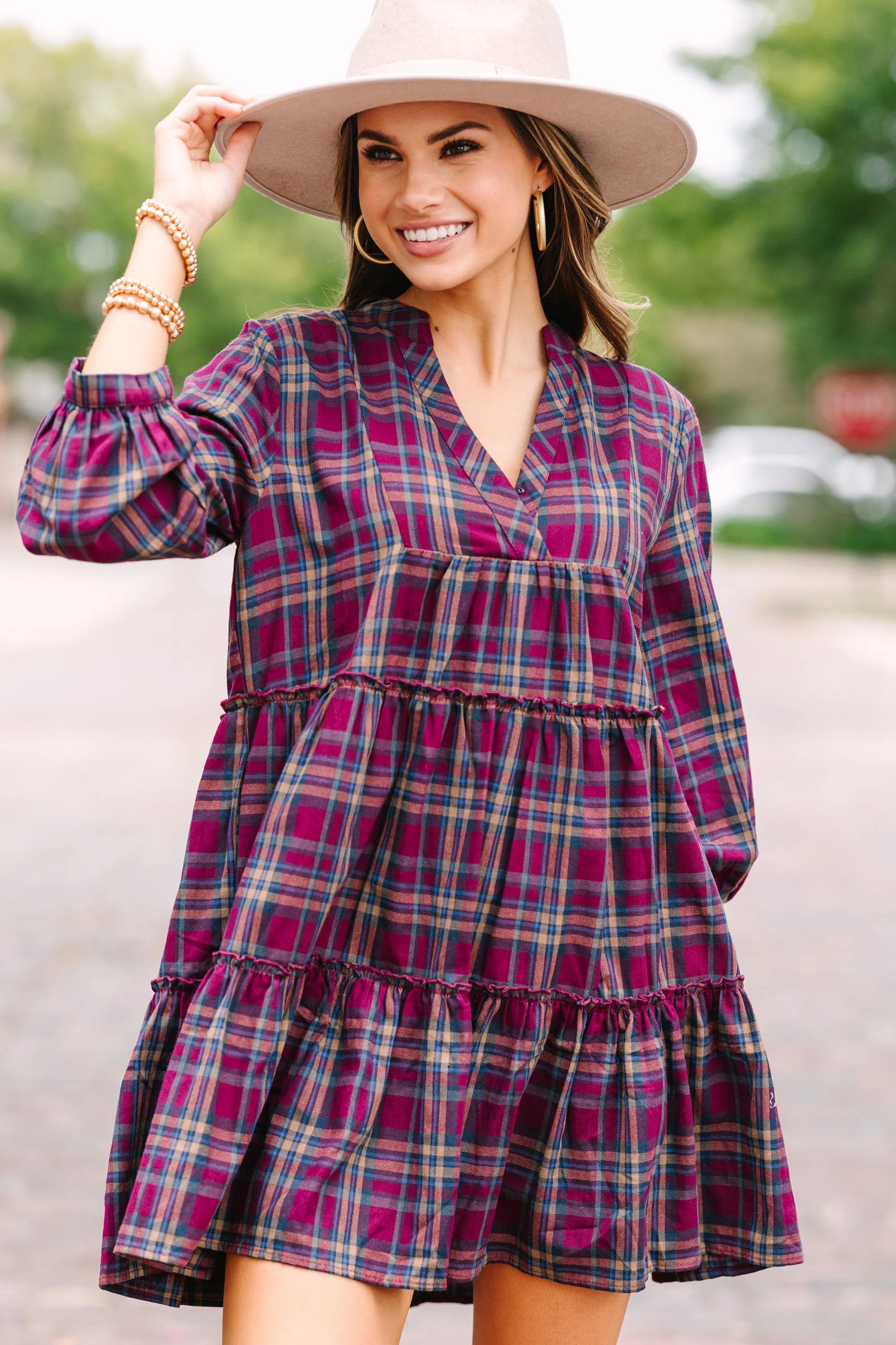 On Your Way Plum Purple Plaid Babydoll Dress