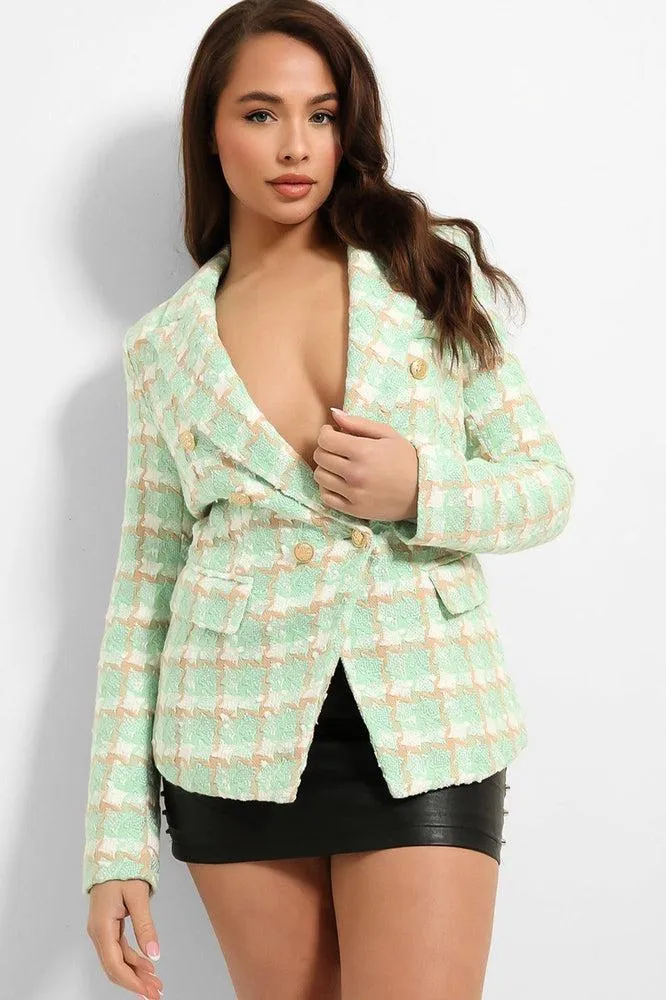 Plaid Boucle Military Buttons Blazer