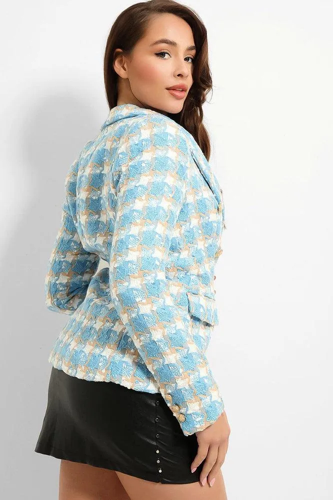 Plaid Boucle Military Buttons Blazer