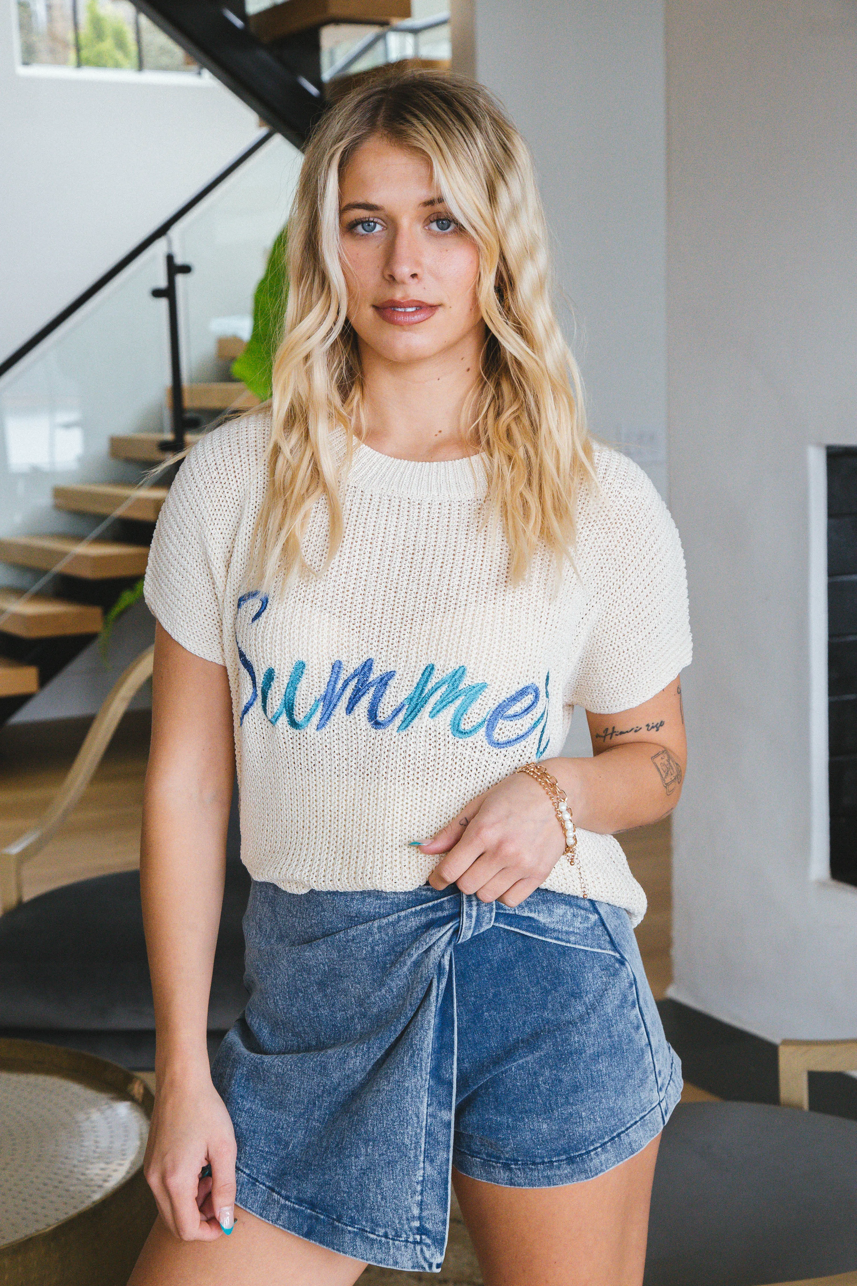 Summer Lettering Sweater Top, Ecru