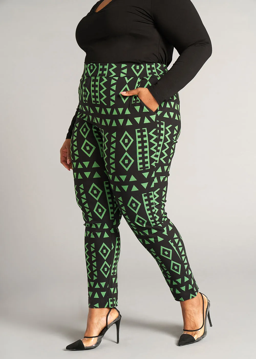 Talia Women's African Print Stretch Pants (Moss Black Geometric) - Clearance