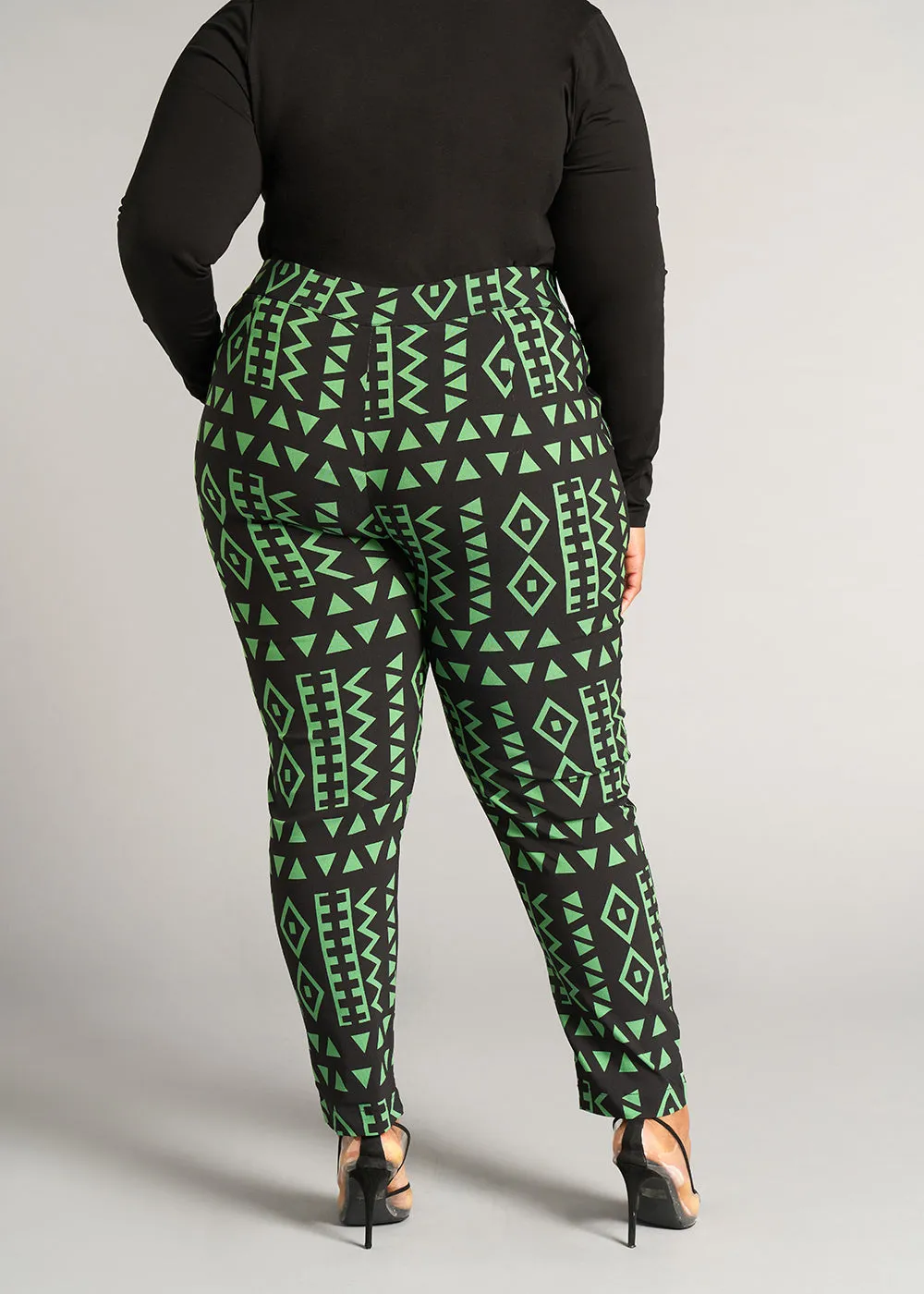 Talia Women's African Print Stretch Pants (Moss Black Geometric) - Clearance