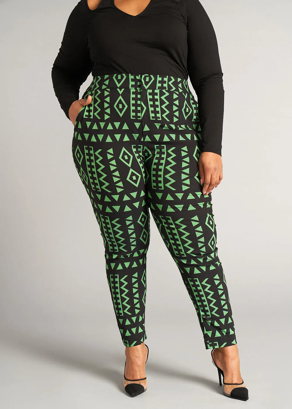 Talia Women's African Print Stretch Pants (Moss Black Geometric) - Clearance