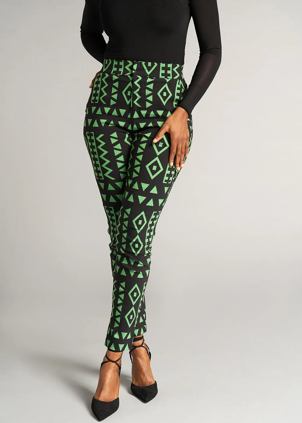 Talia Women's African Print Stretch Pants (Moss Black Geometric) - Clearance