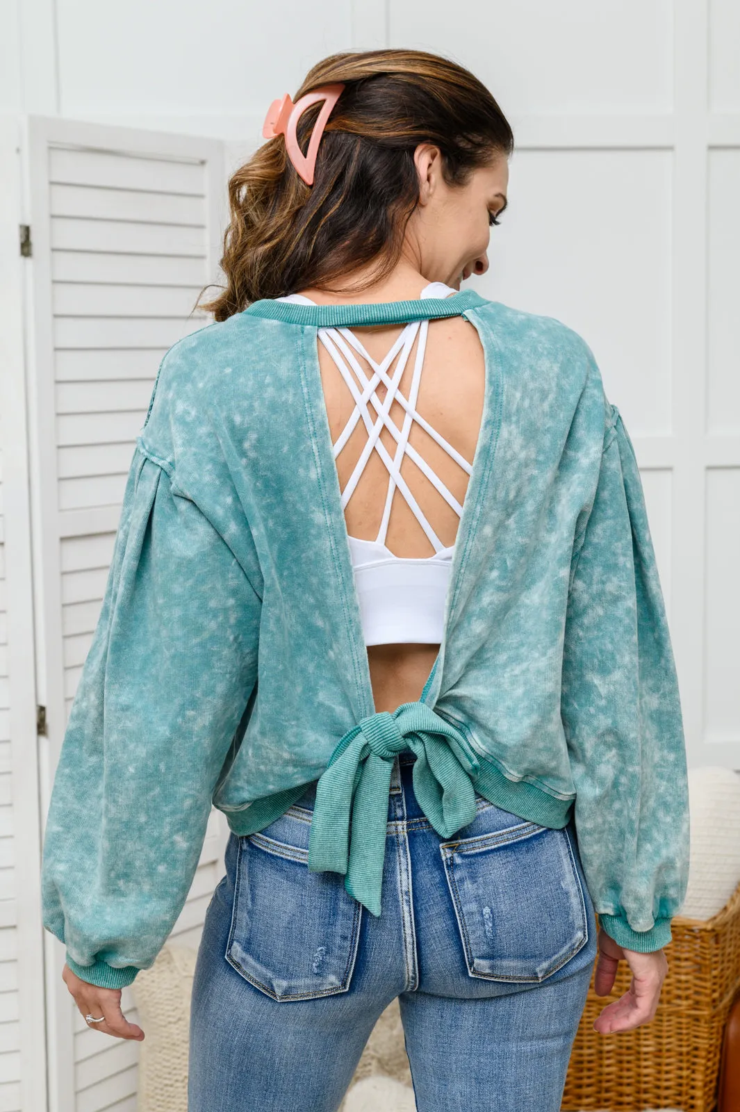 Tied Up In Cuteness Mineral Wash Sweater in Teal